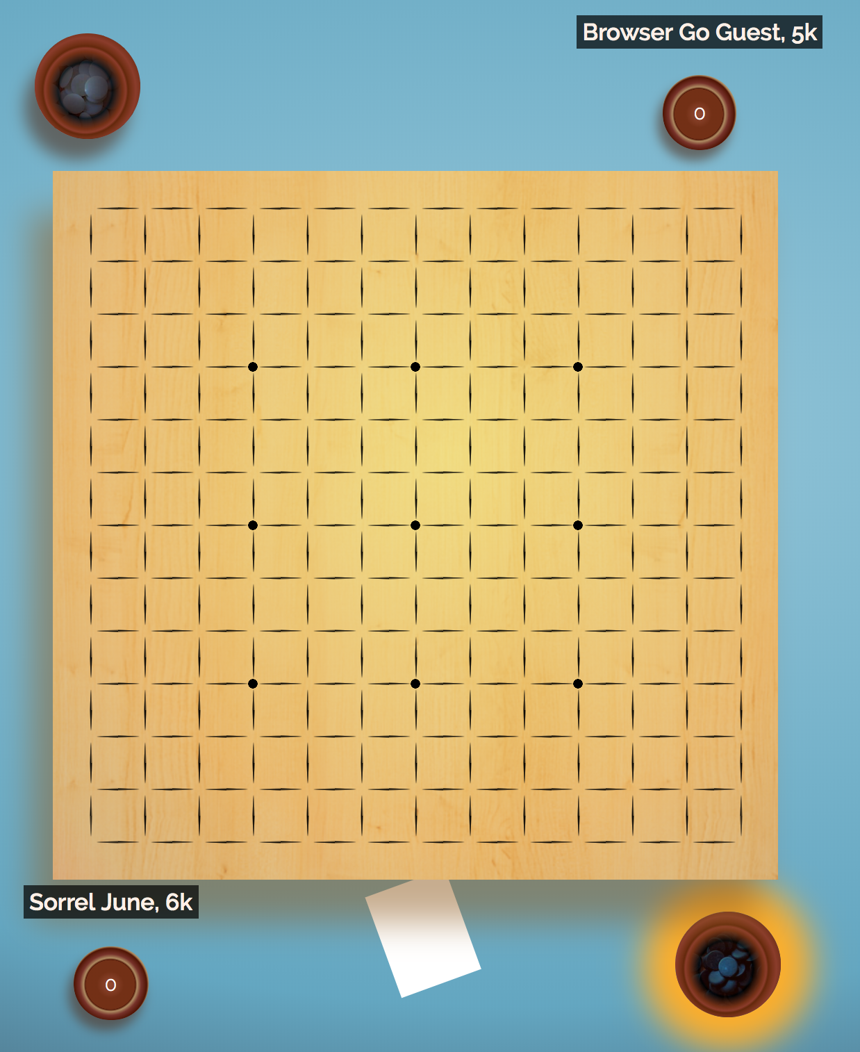 image of 13x13 game board with Sorrel June, 6k playing Browser Go Guest, 4k