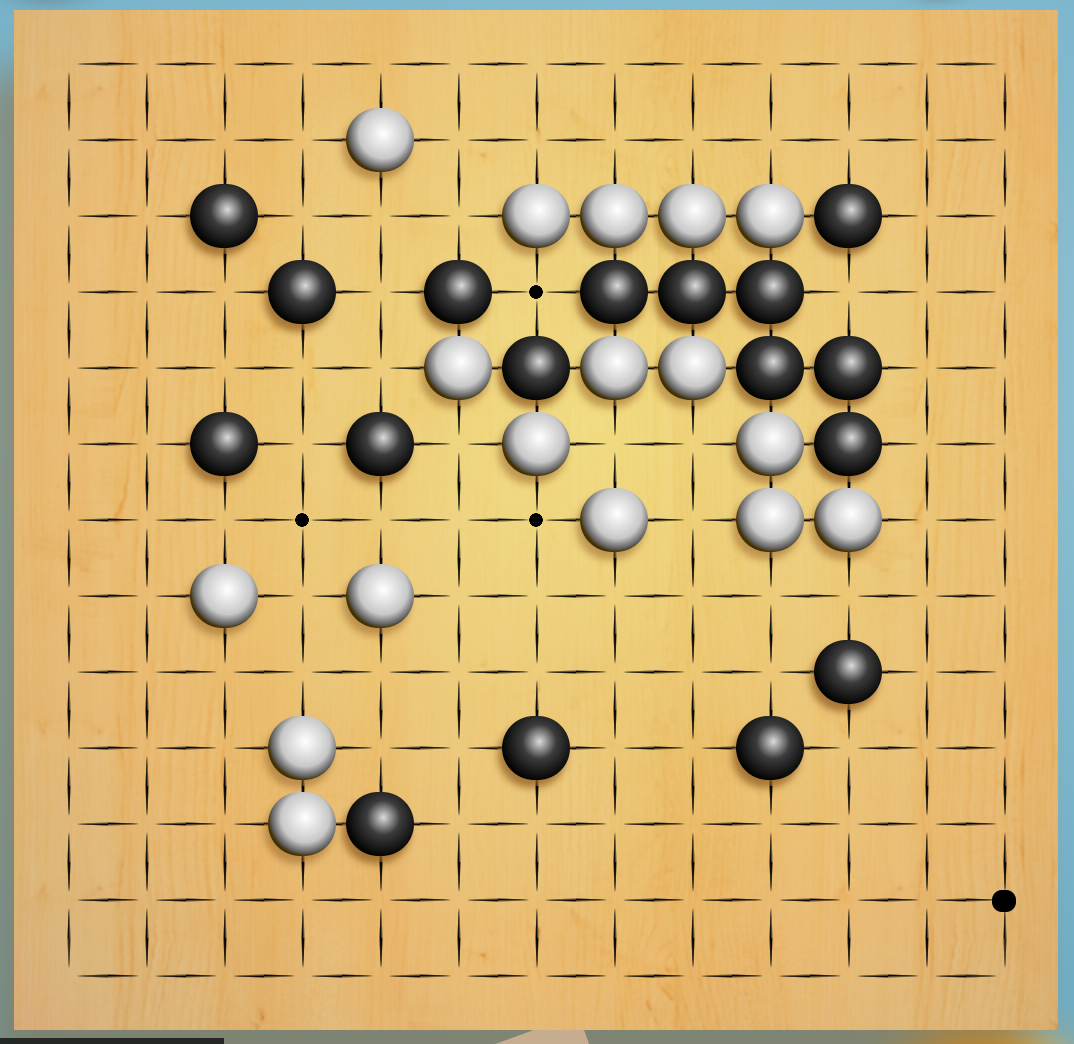 image of a 13x13 game of Browser Go in progress. The midgame is well under way, with black holds two corners, white one and the center. One corner is contested.