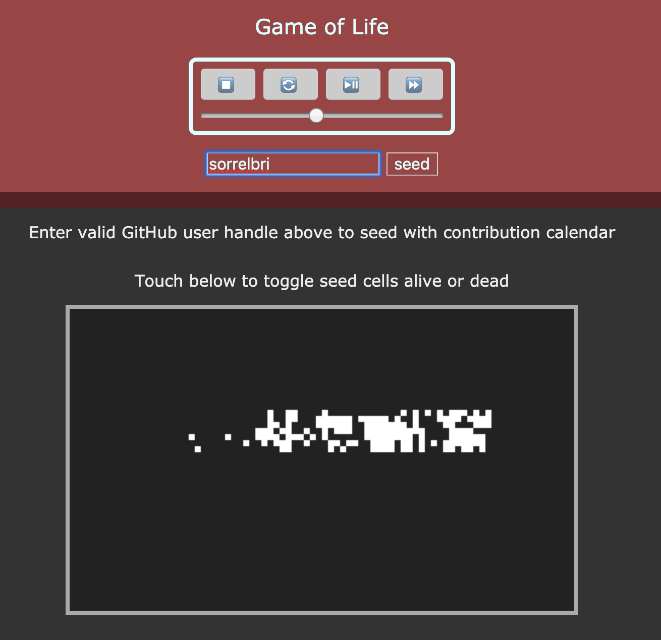 Screenshot of Game of Life being seeded with creator's contribution calendar